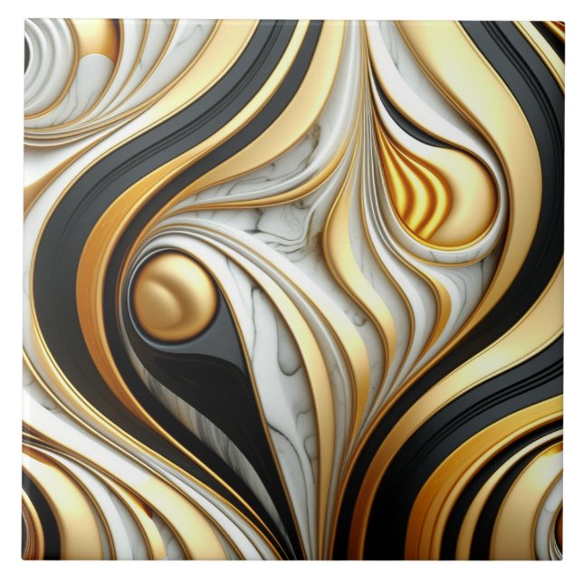 Gold and Silver Flowing Curves Effect Ceramic Tile (Front)