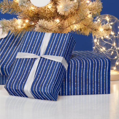 Gold and Silver Glitter Stripes on Blue Wrapping Paper