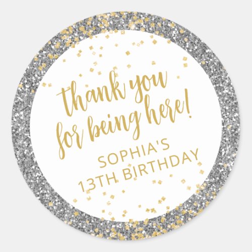 Gold and Silver Glitter Thank You Birthday Favor Classic Round Sticker