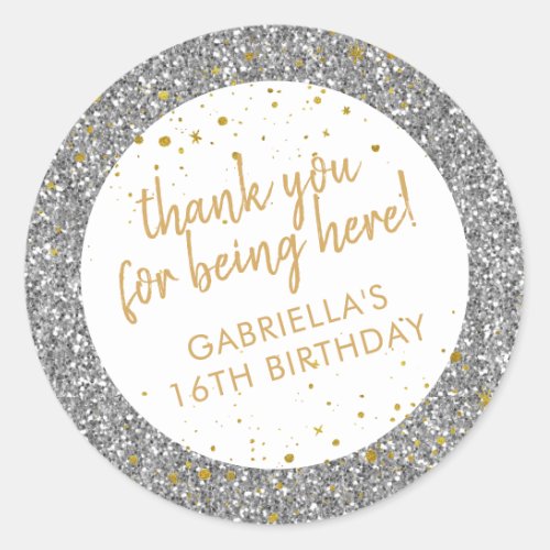 Gold and Silver Glitter Thank You Birthday Favor Classic Round Sticker