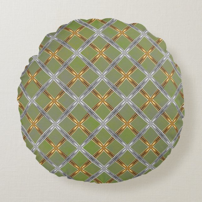 Gold and Silver Laced Green Pattern Round Pillow (Front)