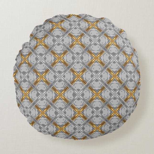 Gold and Silver Laced Grey Medallions Pattern Round Pillow (Front)