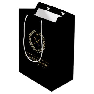 Gold and silver laurel wreath frame in black medium gift bag