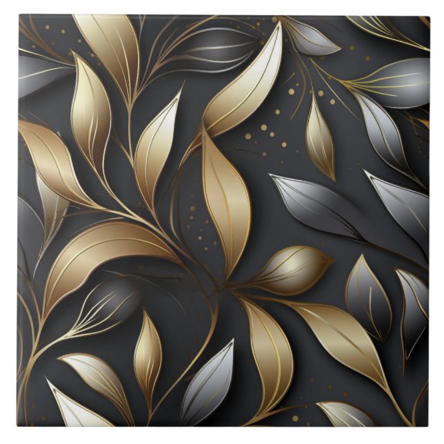 Gold and Silver Leaf Foil Effect Pattern Ceramic Tile (Front)