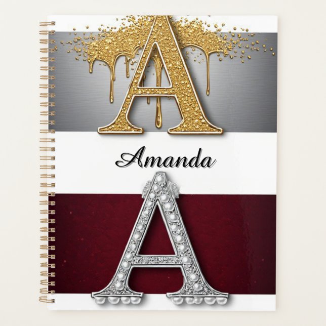 Gold and Silver Letter A Monogram Planner (Front)