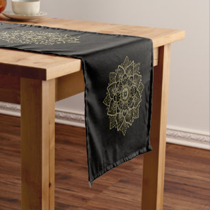 Gold and silver mandala on dark red short table ru runner