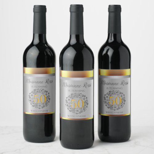 Gold And Silver Metallic 50th Birthday Party Wine Label