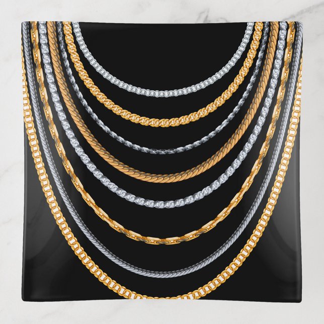Gold and Silver Necklace  Trinket Tray (Illustration of multiple gold and silver chains of varying styles and thicknesses, arrangement!)
