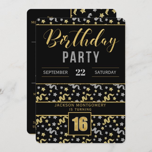 Gold and Silver on Black 16th Birthday Confetti Invitation (Front/Back)