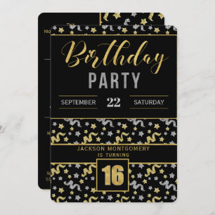 Gold and Silver on Black 16th Birthday Confetti Invitation