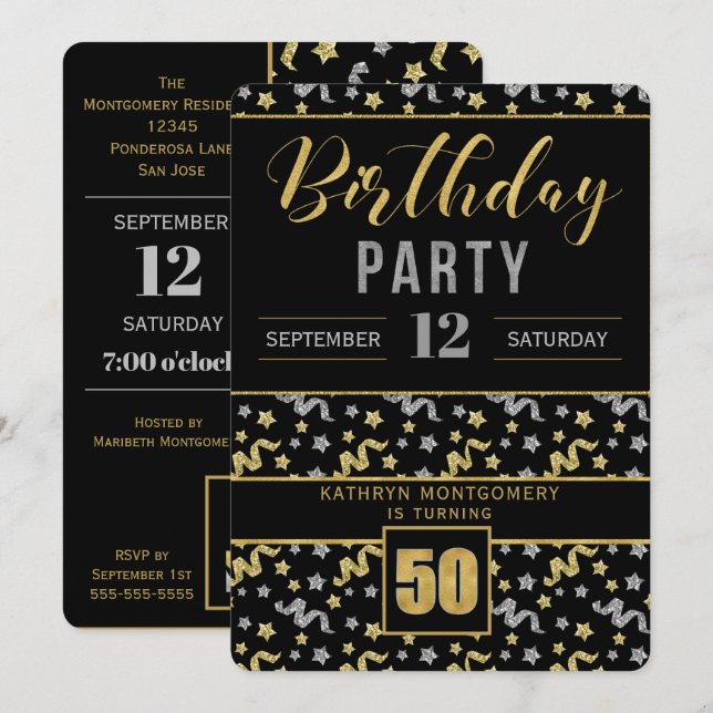 Gold and Silver on Black 50th Birthday Confetti Invitation (Front/Back)