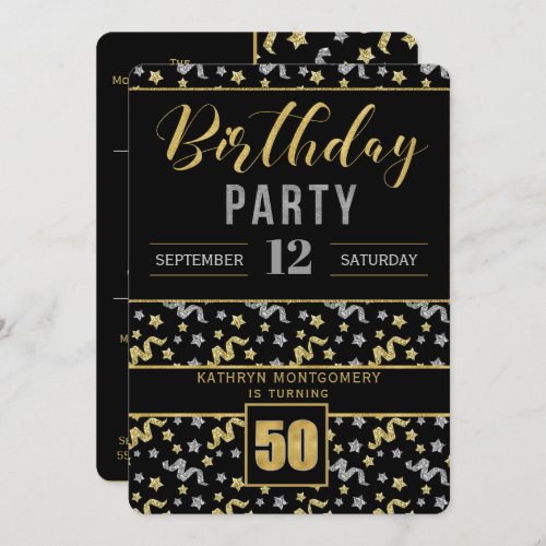 Gold and Silver on Black 50th Birthday Confetti Invitation