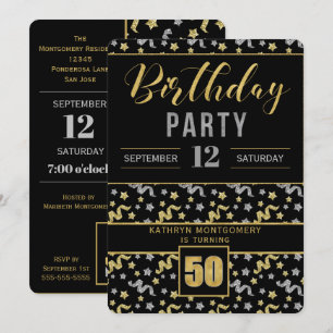 Gold and Silver on Black 50th Birthday Confetti Invitation