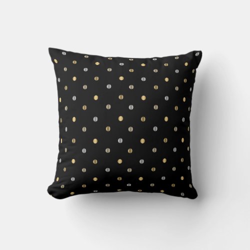 Gold and Silver Polka Dots on Black Throw Pillow