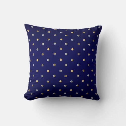 Gold and Silver Polka Dots on Navy Blue Throw Pillow