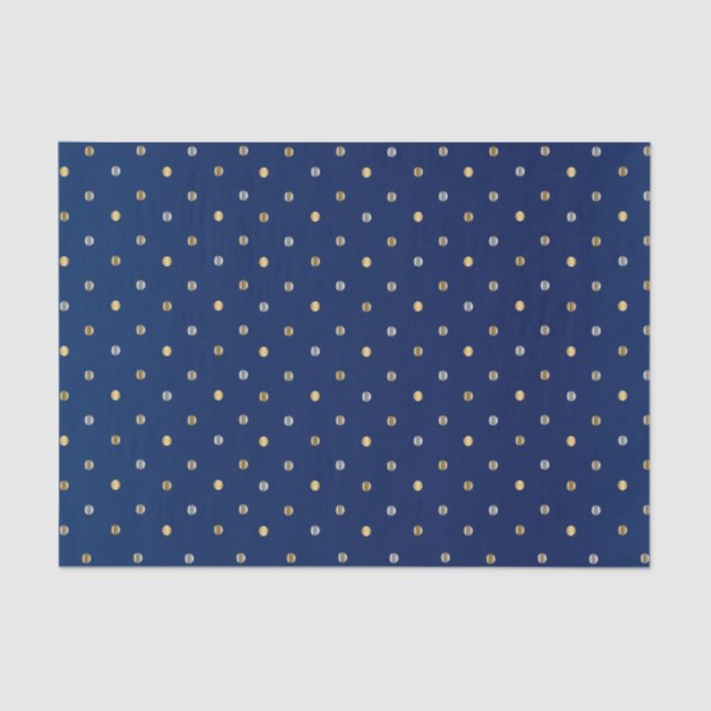 Gold and Silver Polka Dots on Navy Blue  Tissue Paper (Front)