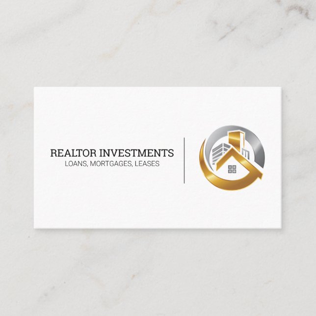 Gold and Silver Real Estate House Logo Business Card (Front)