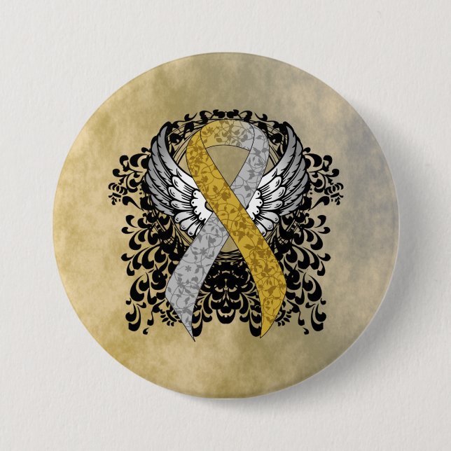 Gold and Silver Ribbon with Wings ribbon Button (Front)