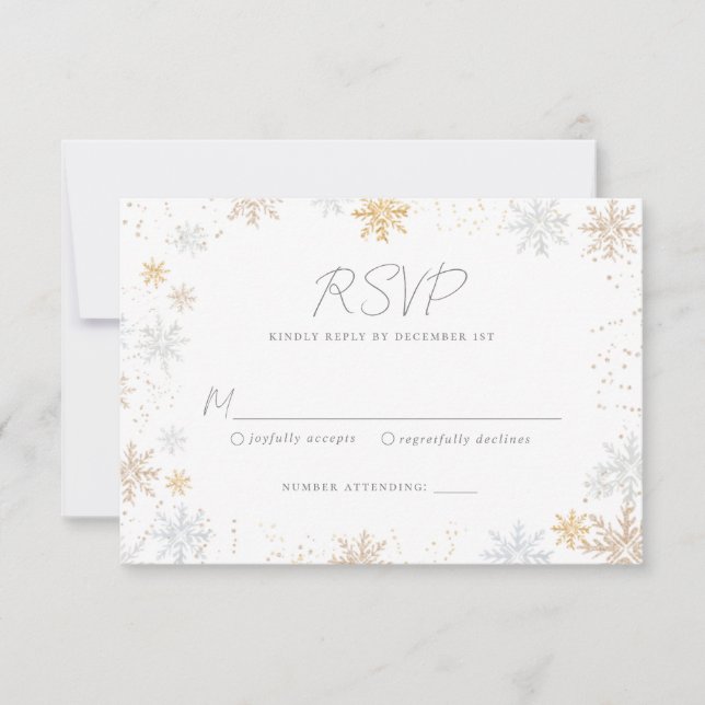 Gold and Silver Snowflakes Wedding RSVP Card (Front)