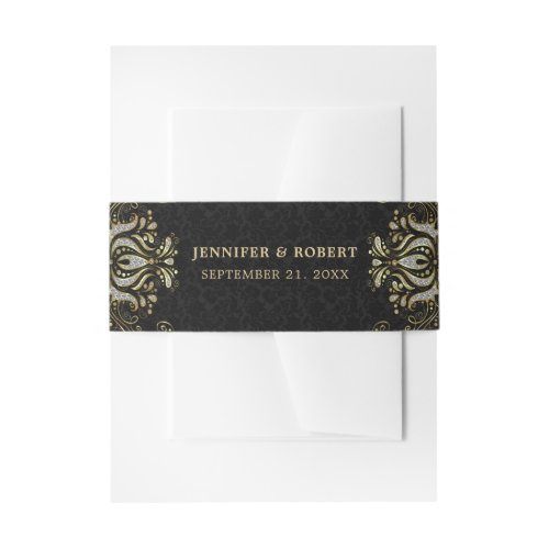 Gold and Silver Swirl On Black Damask Invitation Belly Band