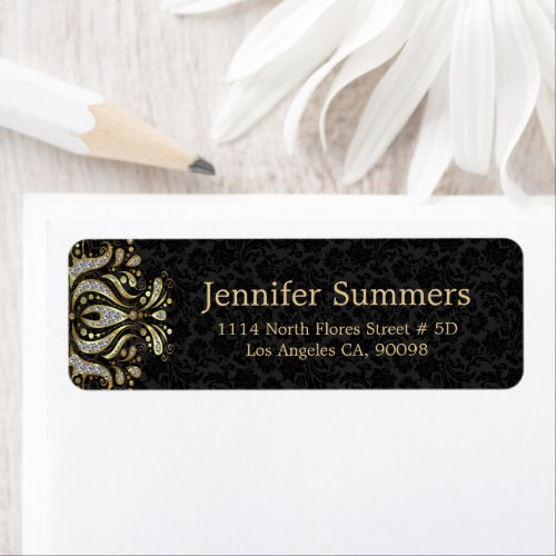 Gold and Silver Swirl On Black Damask Label