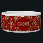 Gold and silver vintage damask on red custom name bowl<br><div class="desc">Gold and sparkling silver texture image vintage floral damask on a dark red background. Custom name for your baby dog in light gray.</div>
