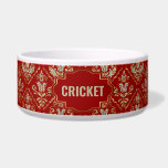 Gold and silver vintage damask on red custom name bowl<br><div class="desc">Gold and sparkling silver texture image vintage floral damask on a dark red background. Custom name for your baby dog in light gray.</div>