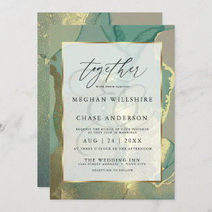 Gold and Smokey Green Alcohol Ink Watercolor Invitation