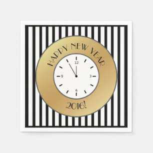 Gold and Stripes Clock Midnight Happy New Year Paper Napkins