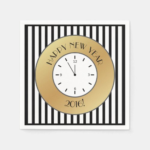 Gold and Stripes Clock Midnight Happy New Year Paper Napkins