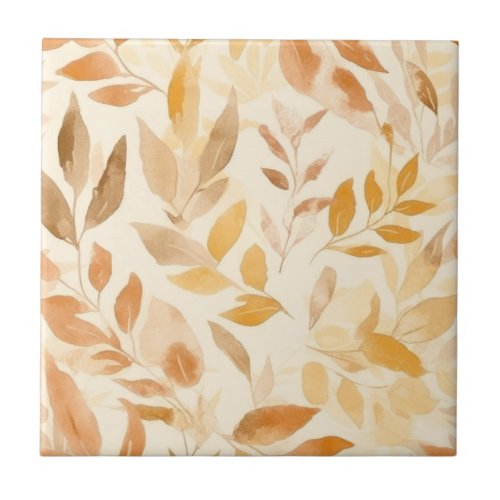 Gold and Taupe Leaves Ceramic Tile