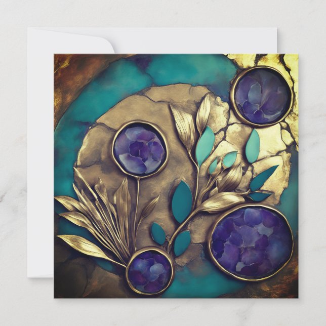 Gold and teal Abstract Amethyst Feb Birth Stone Card (Front)