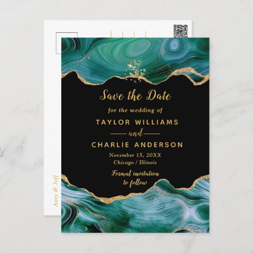 Gold and Teal Agate Wedding Save The Date Postcard