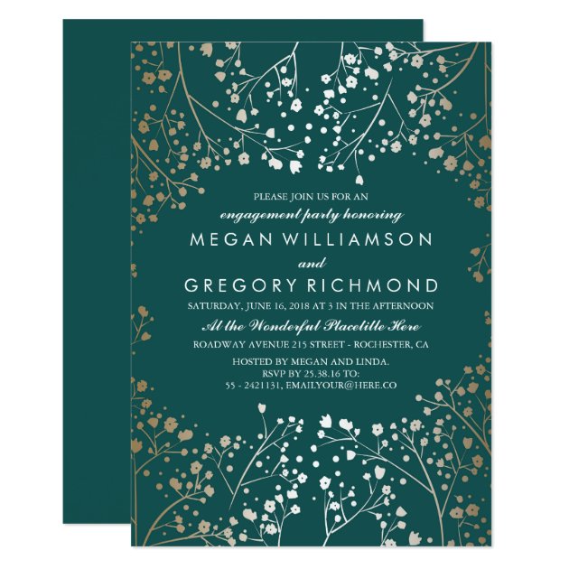 Gold And Teal Baby's Breath Engagement Party Invitation