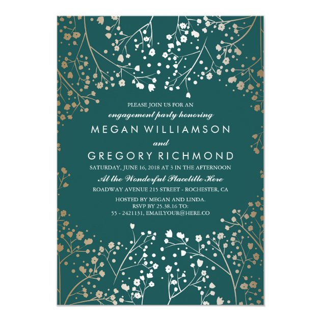 Gold And Teal Baby's Breath Engagement Party Invitation