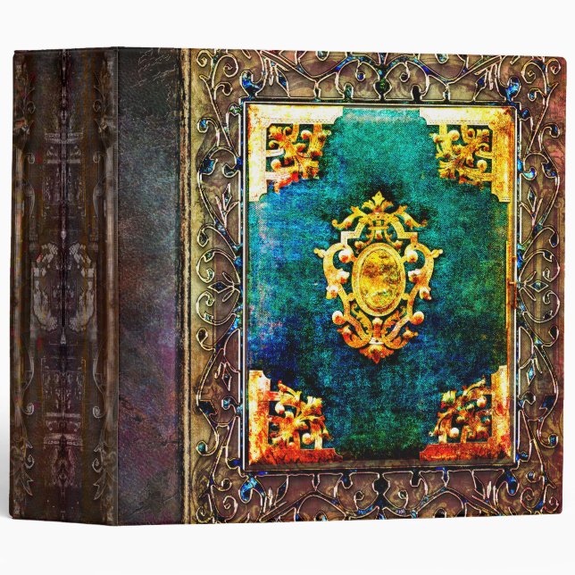 Gold and Teal Bejeweled Spellbook Ancient Tome 3 Ring Binder (Front/Spine)