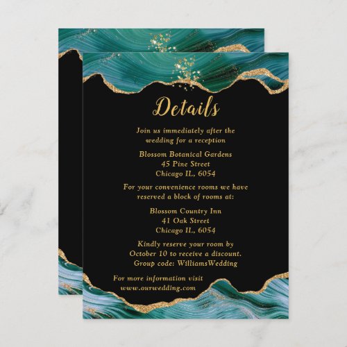 Gold and Teal Blue Agate Wedding Details Enclosure Card