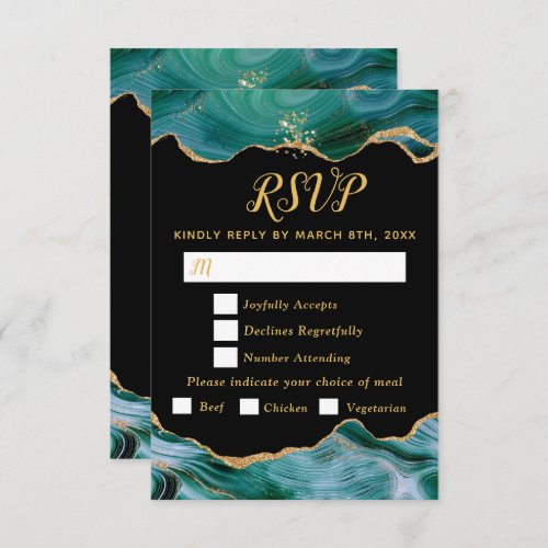 Gold and Teal Blue Agate Wedding Meal Choice RSVP Card