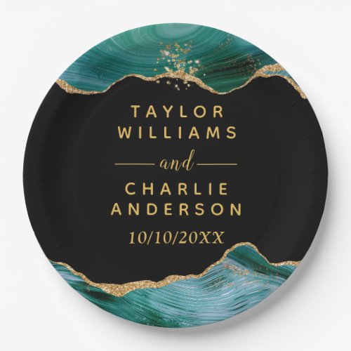 Gold and Teal Blue Agate Wedding Paper Plates