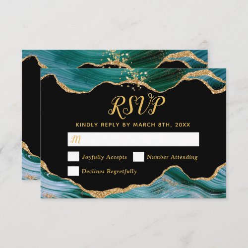 Gold and Teal Blue Agate Wedding RSVP Card
