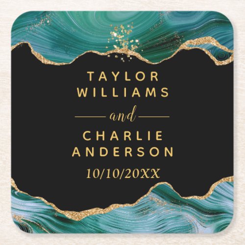 Gold and Teal Blue Agate Wedding Square Paper Coaster