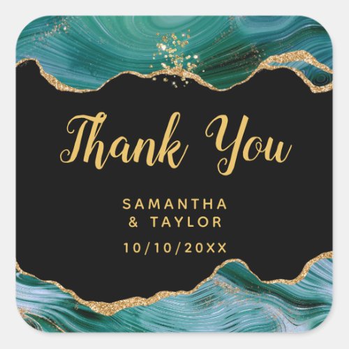 Gold and Teal Blue Agate Wedding Thank You Square Sticker