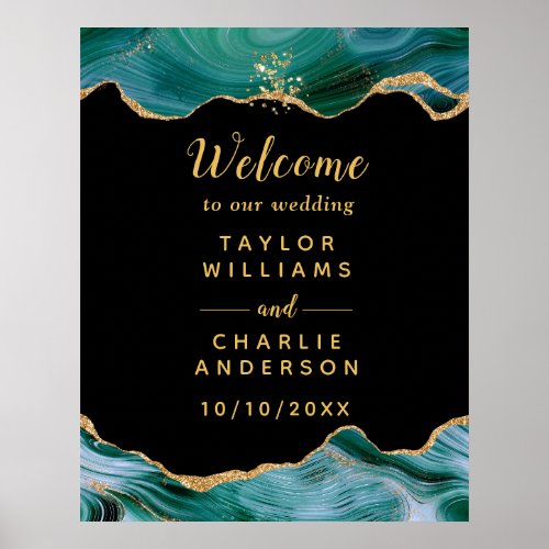 Gold and Teal Blue Agate Wedding Welcome Poster