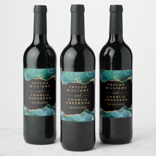 Gold and Teal Blue Agate Wedding Wine Label