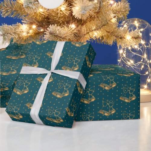 Gold and Teal Blue Christmas Bells Wrapping Paper