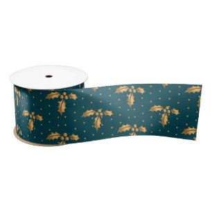 Gold and Teal Blue Christmas Holly Satin Ribbon