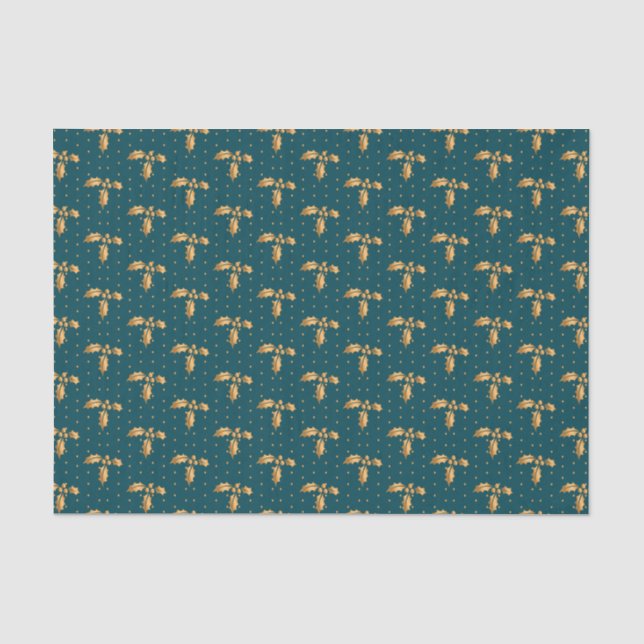 Gold and Teal Blue Christmas Holly Tissue Paper (Front)