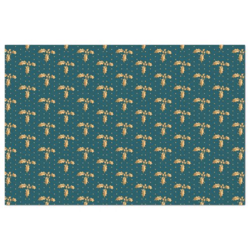 Gold and Teal Blue Christmas Holly Tissue Paper