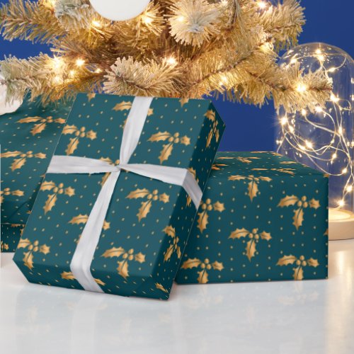 Gold and Teal Blue Christmas Holly Wrapping Paper