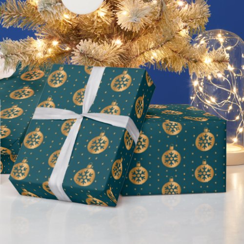Gold and Teal Blue Christmas Ornaments Wrapping Paper